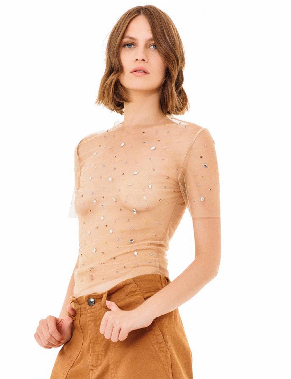 Jijil T-shirt trasparente con strass Italia