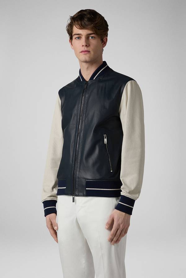 Lab. Pal Zileri Varsity Jacket in nappa bicolore blu e panna Outlet