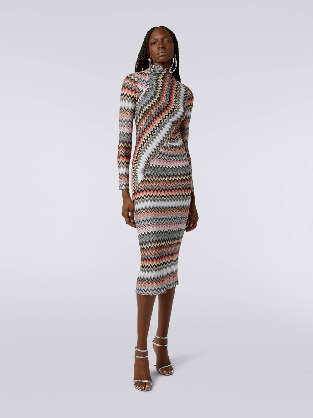 Missoni Abito lungo con collo alto in cotone e viscosa zig zag con arricciature Vendita