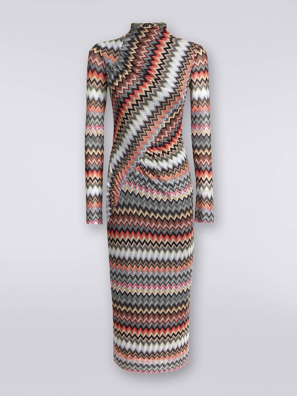 Missoni Abito lungo con collo alto in cotone e viscosa zig zag con arricciature Vendita
