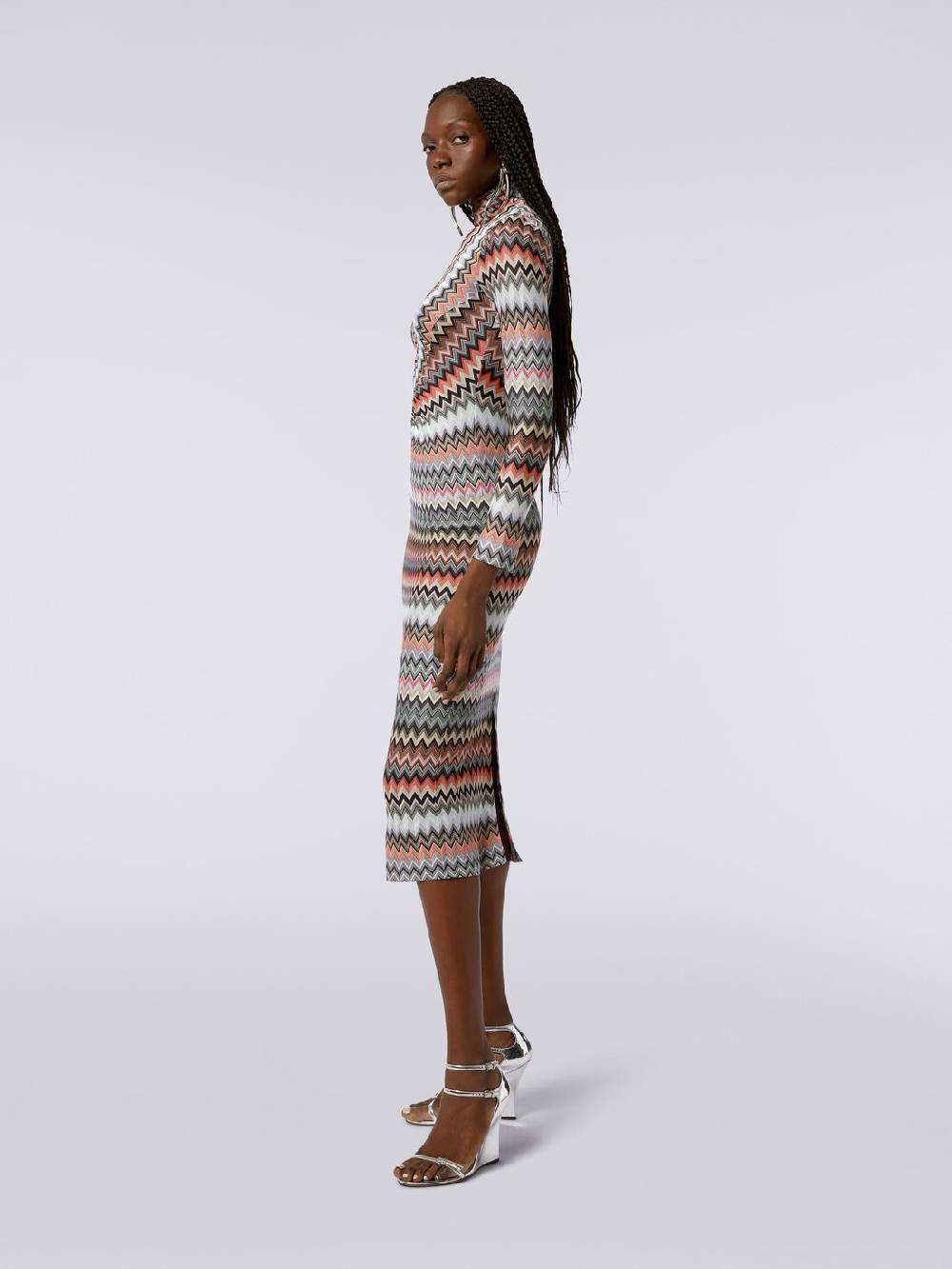 Missoni Abito lungo con collo alto in cotone e viscosa zig zag con arricciature Vendita