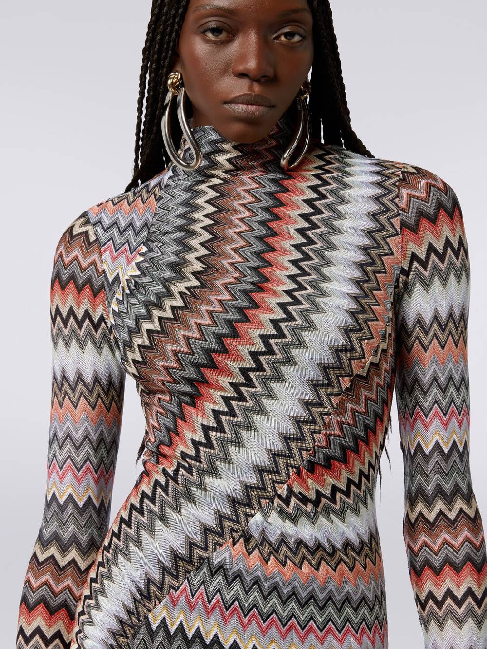 Missoni Abito lungo con collo alto in cotone e viscosa zig zag con arricciature Vendita