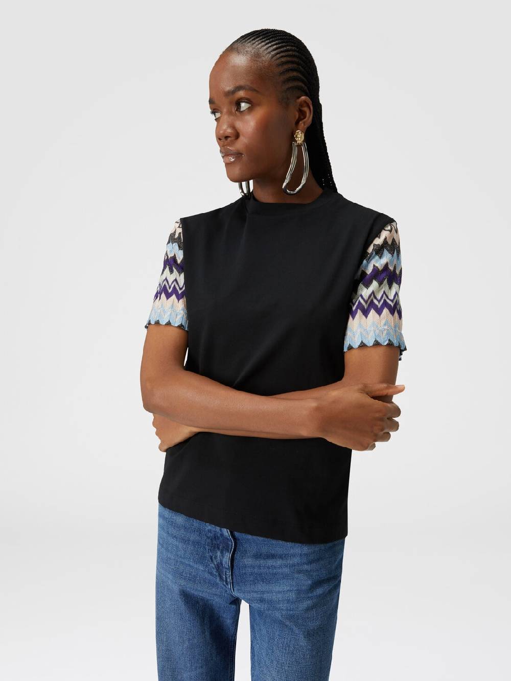 Missoni T-shirt in jersey di cotone con maniche in maglia zig zag Qualità