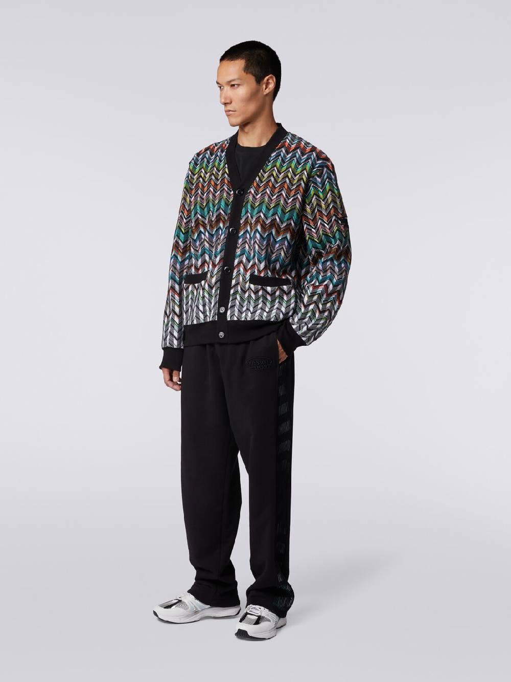 Missoni Cardigan in maglia zig zag con profili tinta unita In Vendita