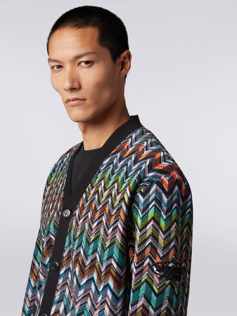 Missoni Cardigan in maglia zig zag con profili tinta unita In Vendita