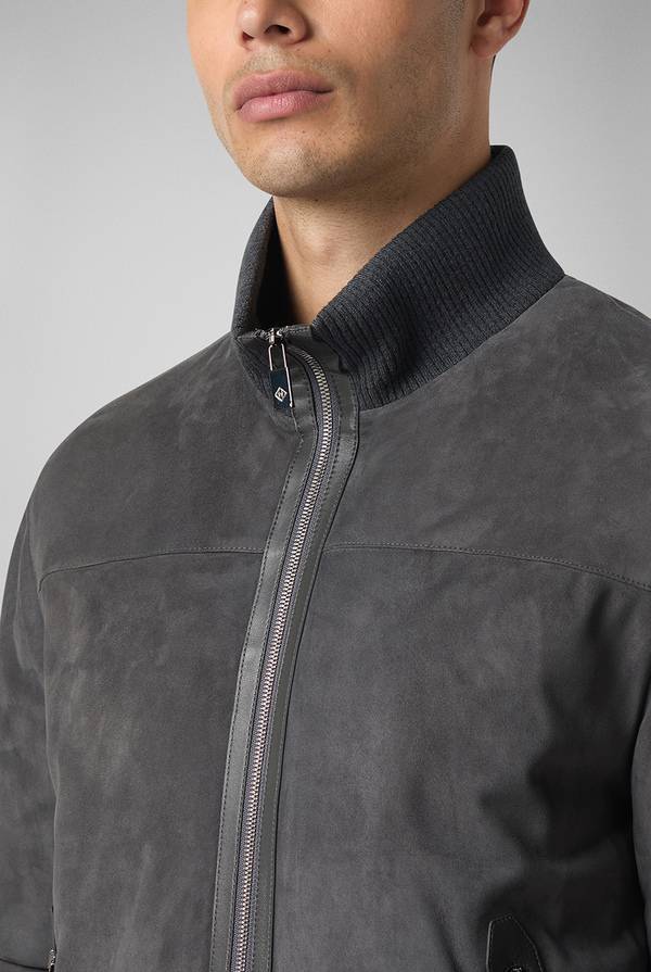 Pal Zileri Bomber in suede antracite con finiture in maglia Spedizione Gratuita