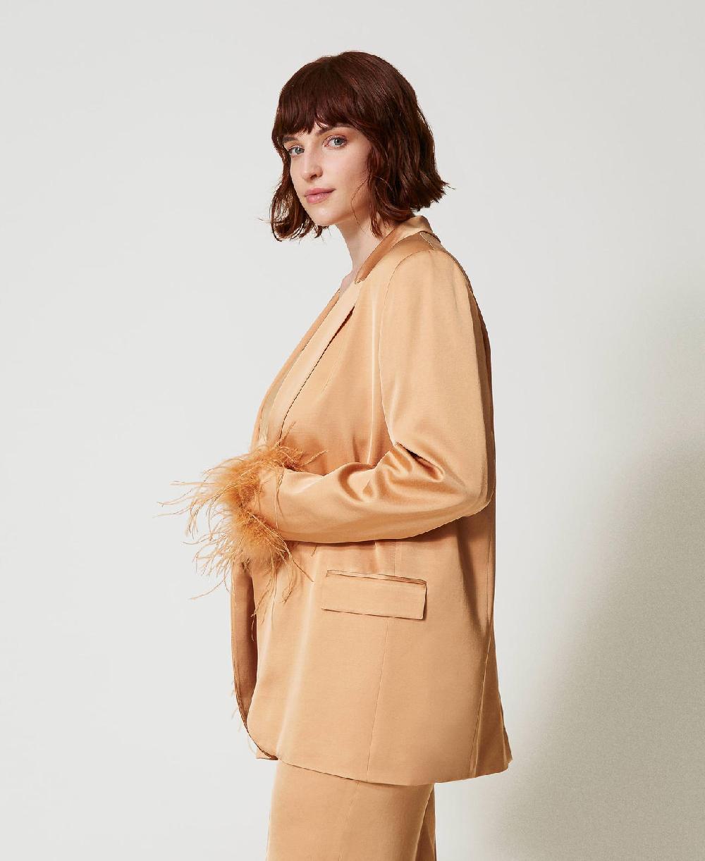Scee by twin set Giacca blazer in raso con piume Vendita Calda