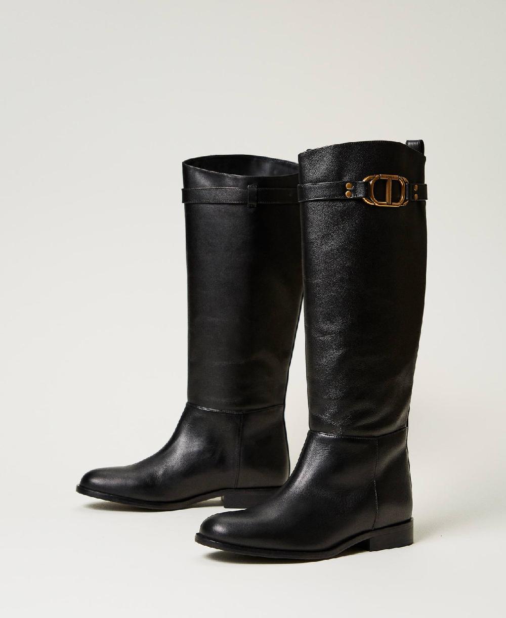 Scee by twin set Stivali alti in pelle con Oval T Saldi Di Fabbrica
