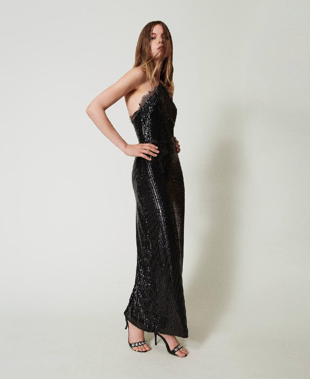 Scee by twin set Abito lungo in paillettes con pizzo Offerta