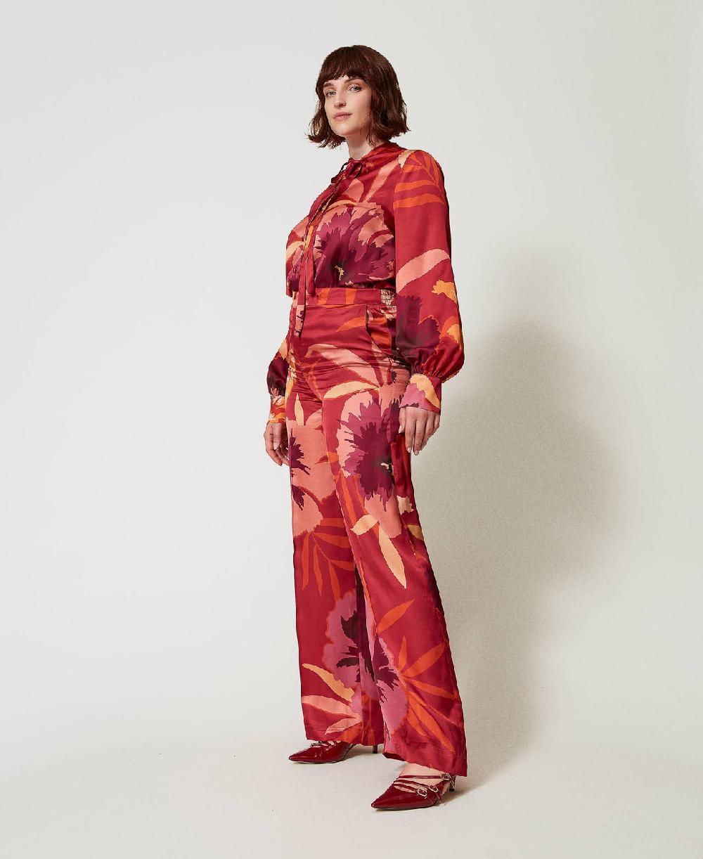 Scee by twin set Pantaloni wide leg in raso a fiori In Saldo