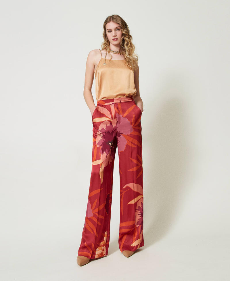 Scee by twin set Pantaloni wide leg in raso a fiori In Saldo