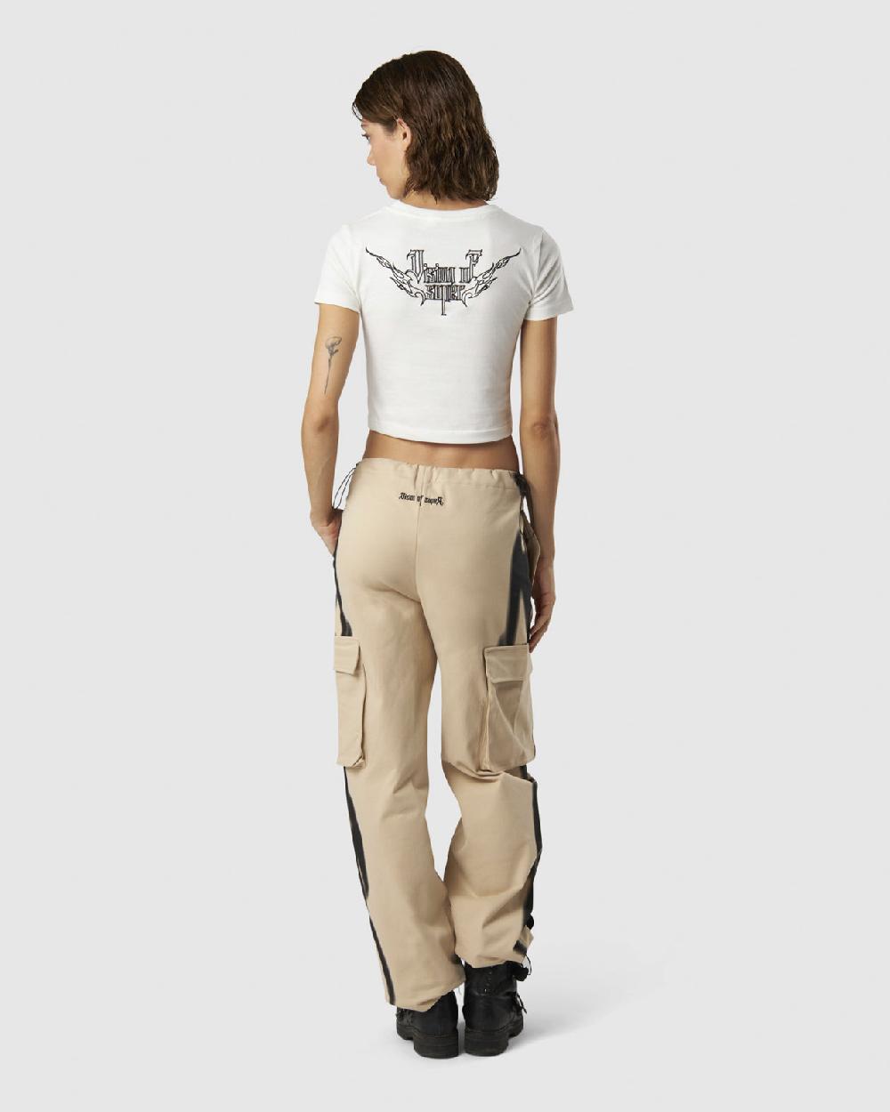 Vision Of Super WHITE CROP T-SHIRT WITH EMBROIDERED TRIBAL LOGO ON FRONT AND EMBROIDERED TRIBAL GRAPHIC ON BACK Spedizione Gratuita