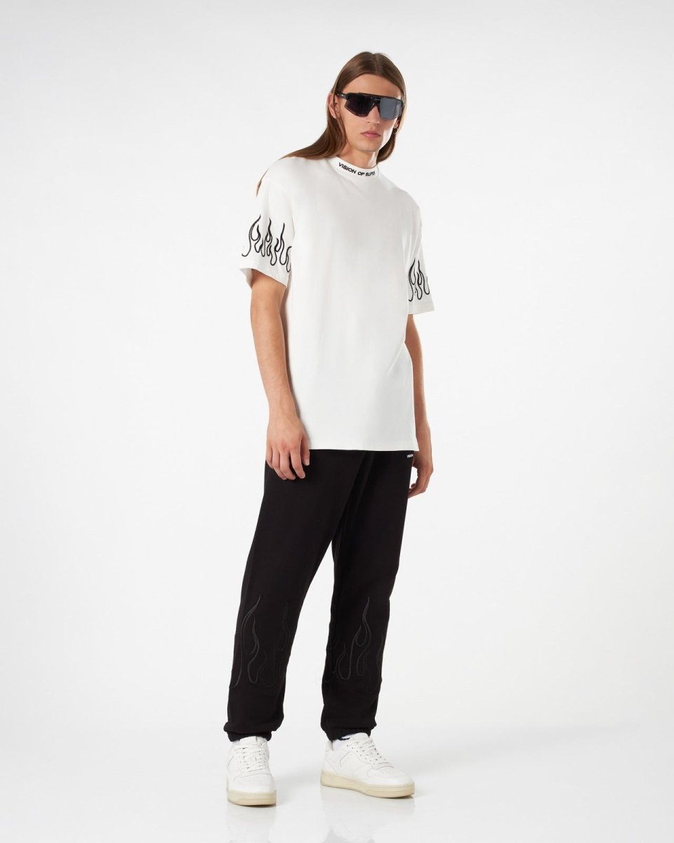 Vision Of Super WHITE T-SHIRT WITH BLACK EMBROIDERED FLAMES Presa
