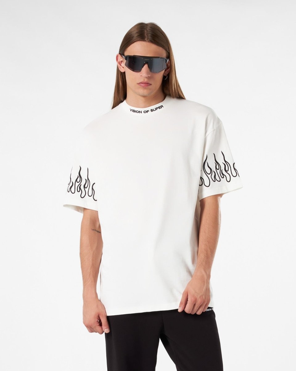 Vision Of Super WHITE T-SHIRT WITH BLACK EMBROIDERED FLAMES Presa