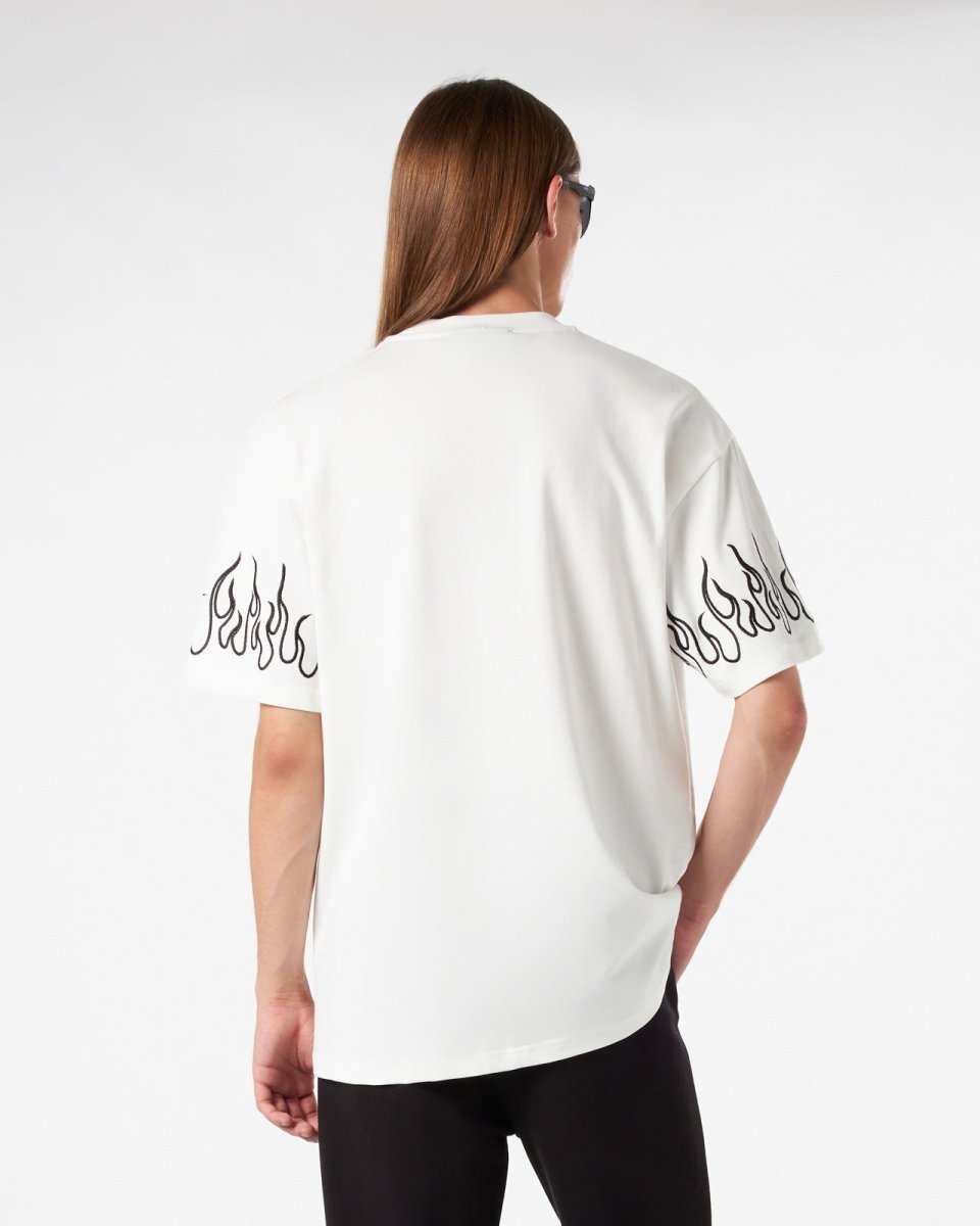 Vision Of Super WHITE T-SHIRT WITH BLACK EMBROIDERED FLAMES Presa