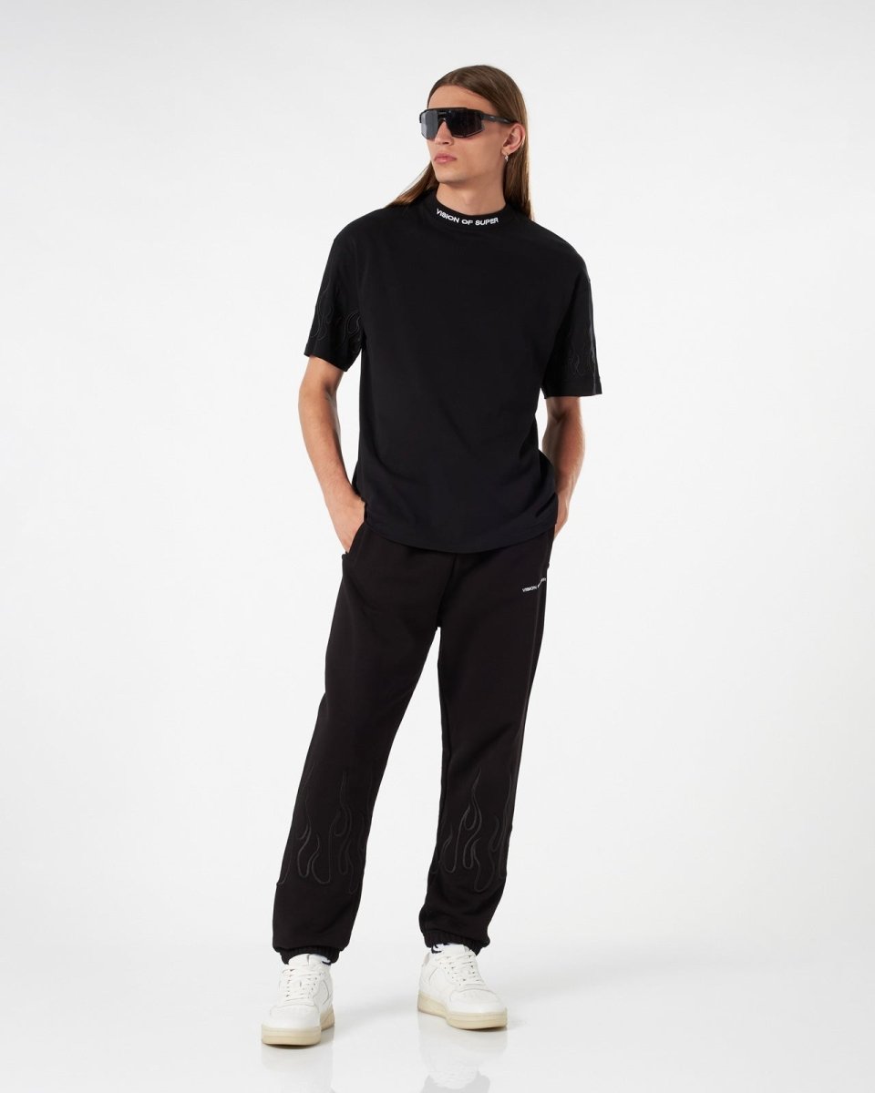 Vision Of Super BLACK T-SHIRT WITH BLACK EMBROIDERED FLAMES Sconto