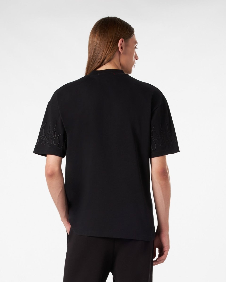 Vision Of Super BLACK T-SHIRT WITH BLACK EMBROIDERED FLAMES Sconto