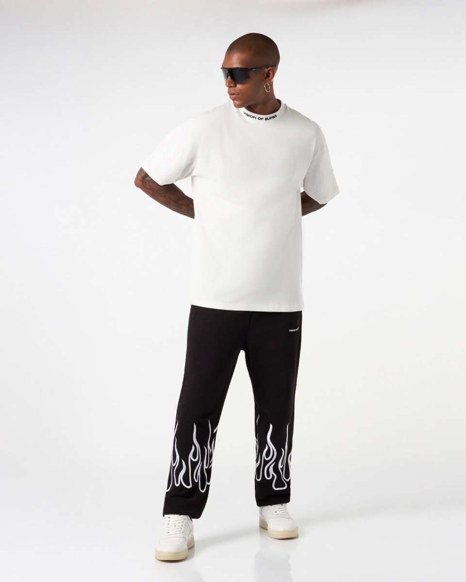 Vision Of Super WHITE T-SHIRT WITH WHITE EMBROIDERED FLAMES Offerta
