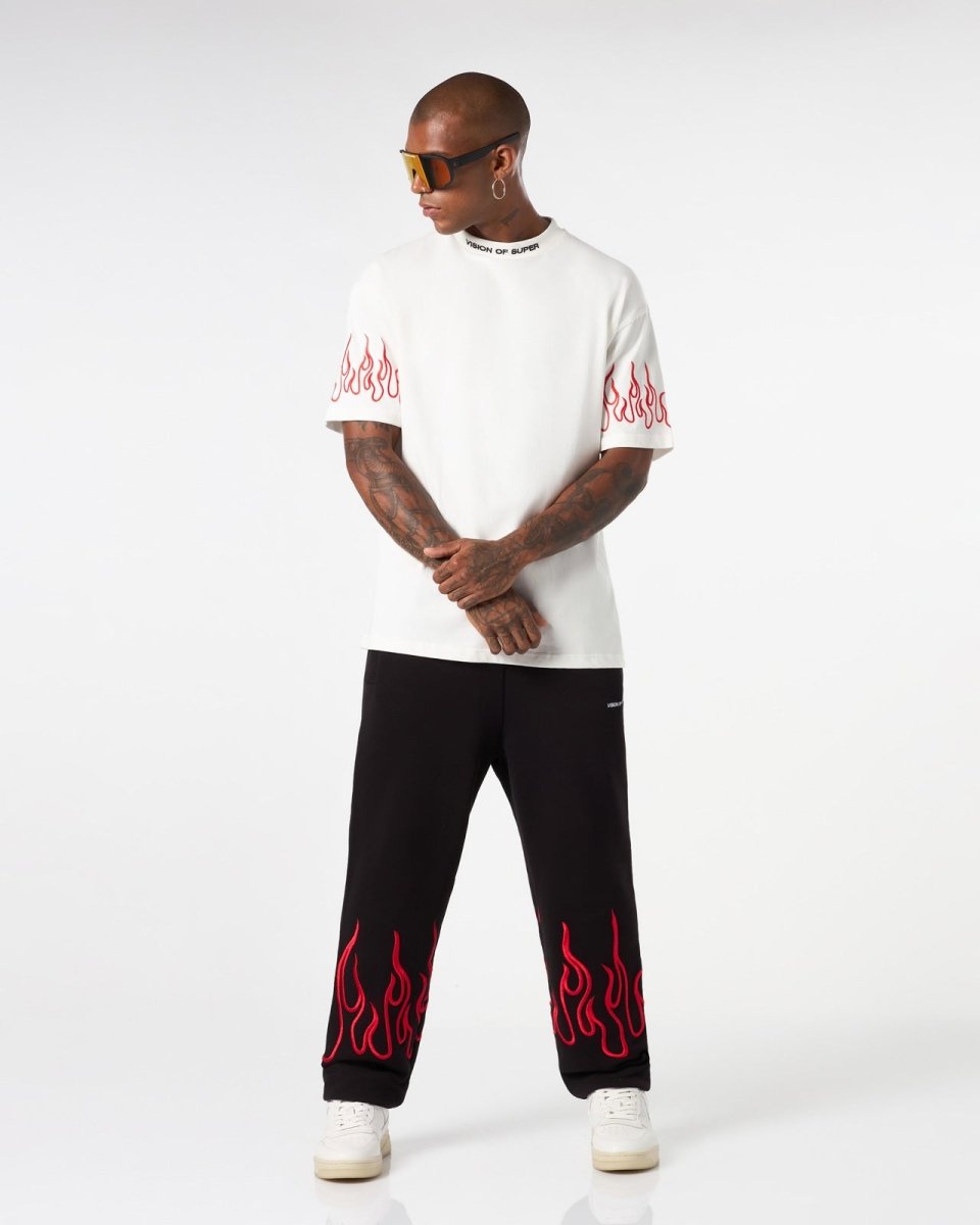 Vision Of Super WHITE T-SHIRT WITH RED EMBROIDERED FLAMES Economico