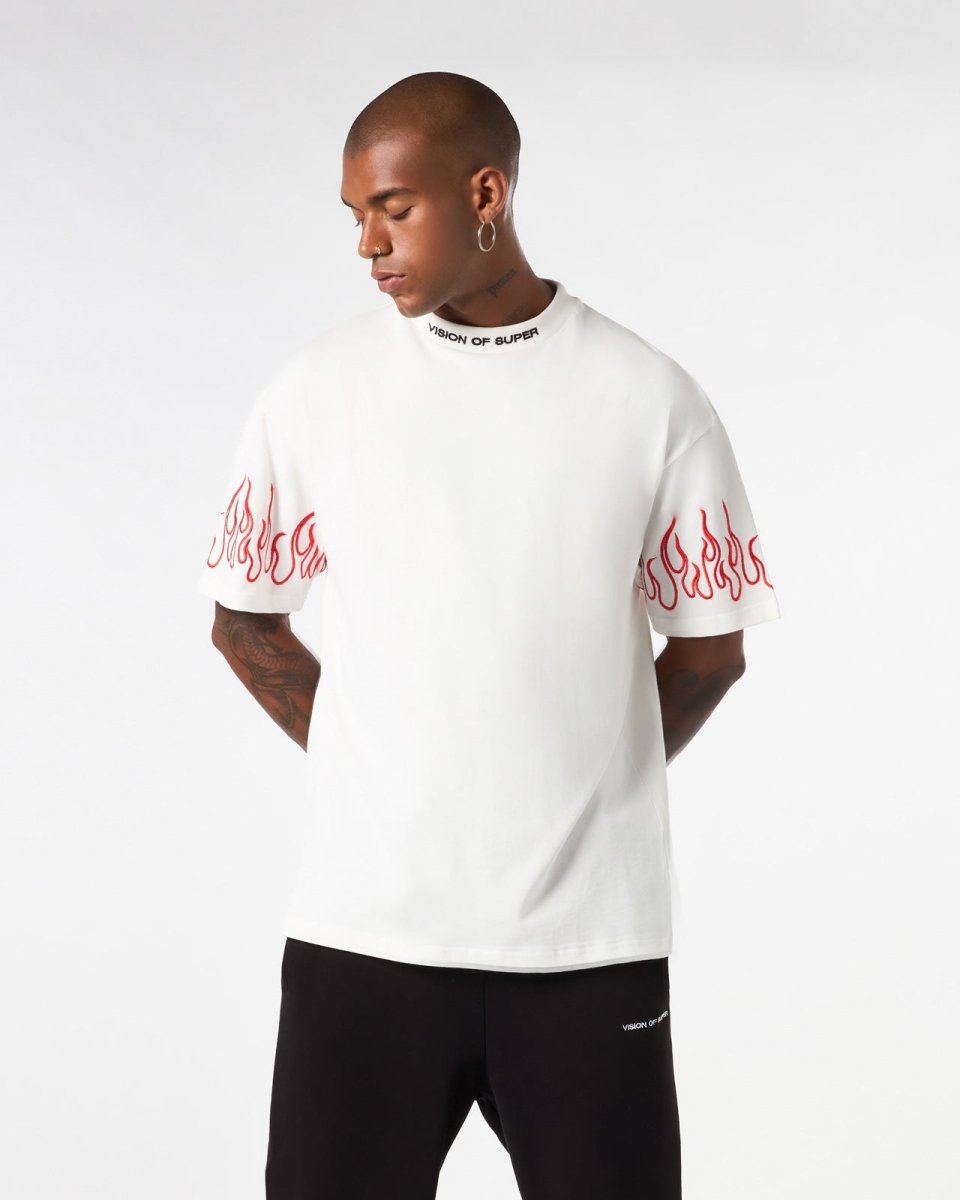 Vision Of Super WHITE T-SHIRT WITH RED EMBROIDERED FLAMES Economico