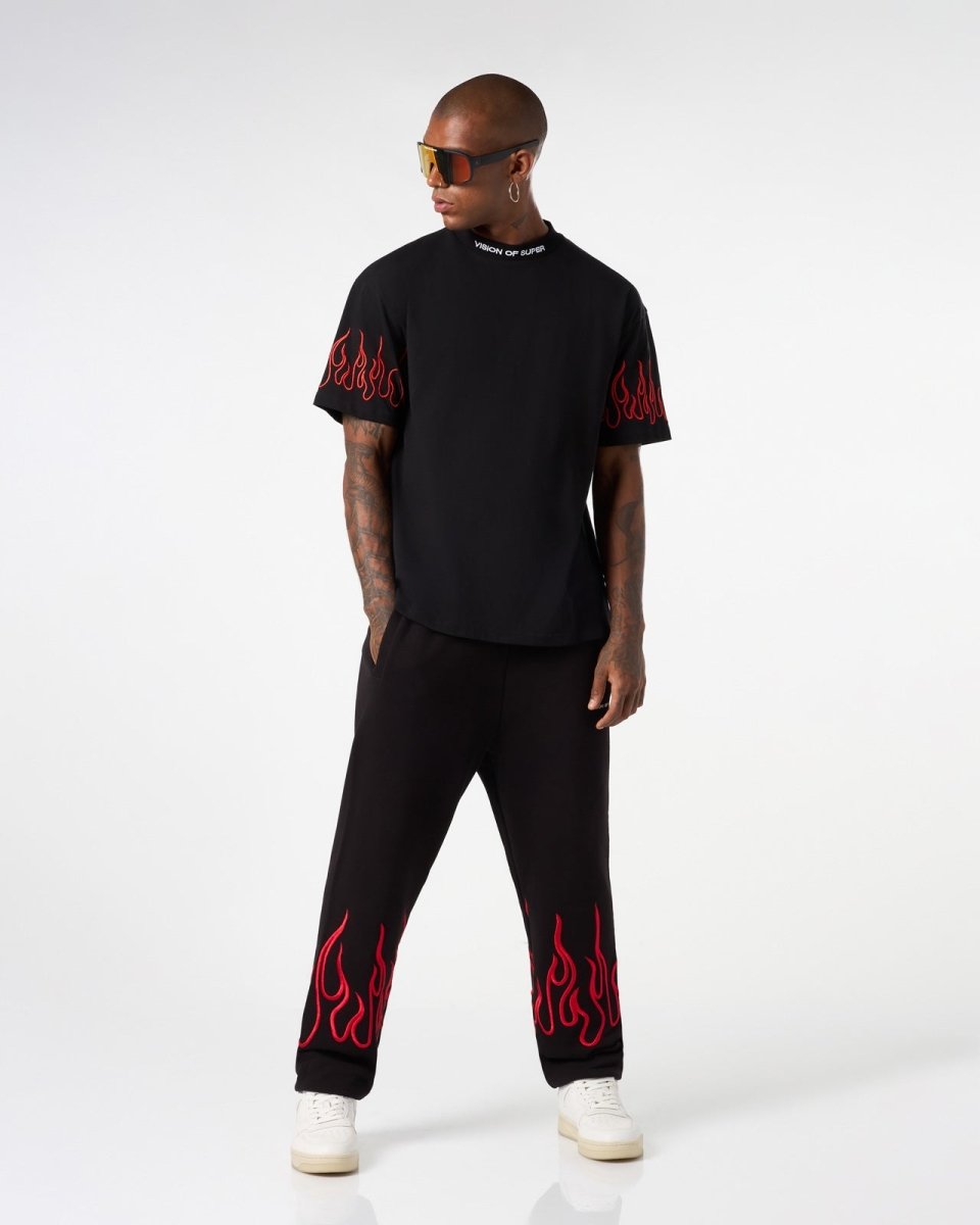 Vision Of Super BLACK T-SHIRT WITH RED EMBROIDERED FLAMES Online