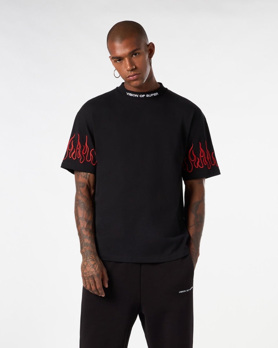 Vision Of Super BLACK T-SHIRT WITH RED EMBROIDERED FLAMES Online