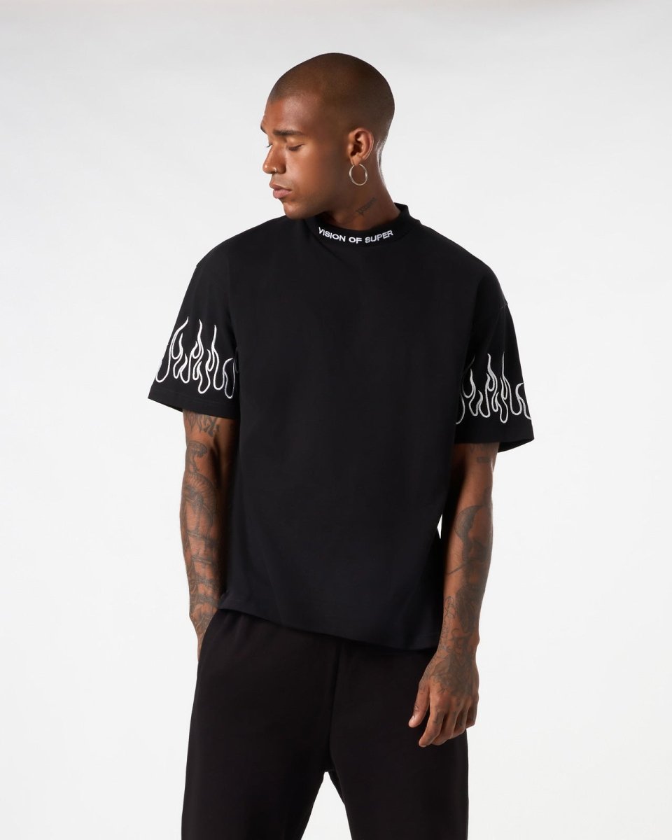 Vision Of Super BLACK T-SHIRT WITH WHITE EMBROIDERED FLAMES Outlet
