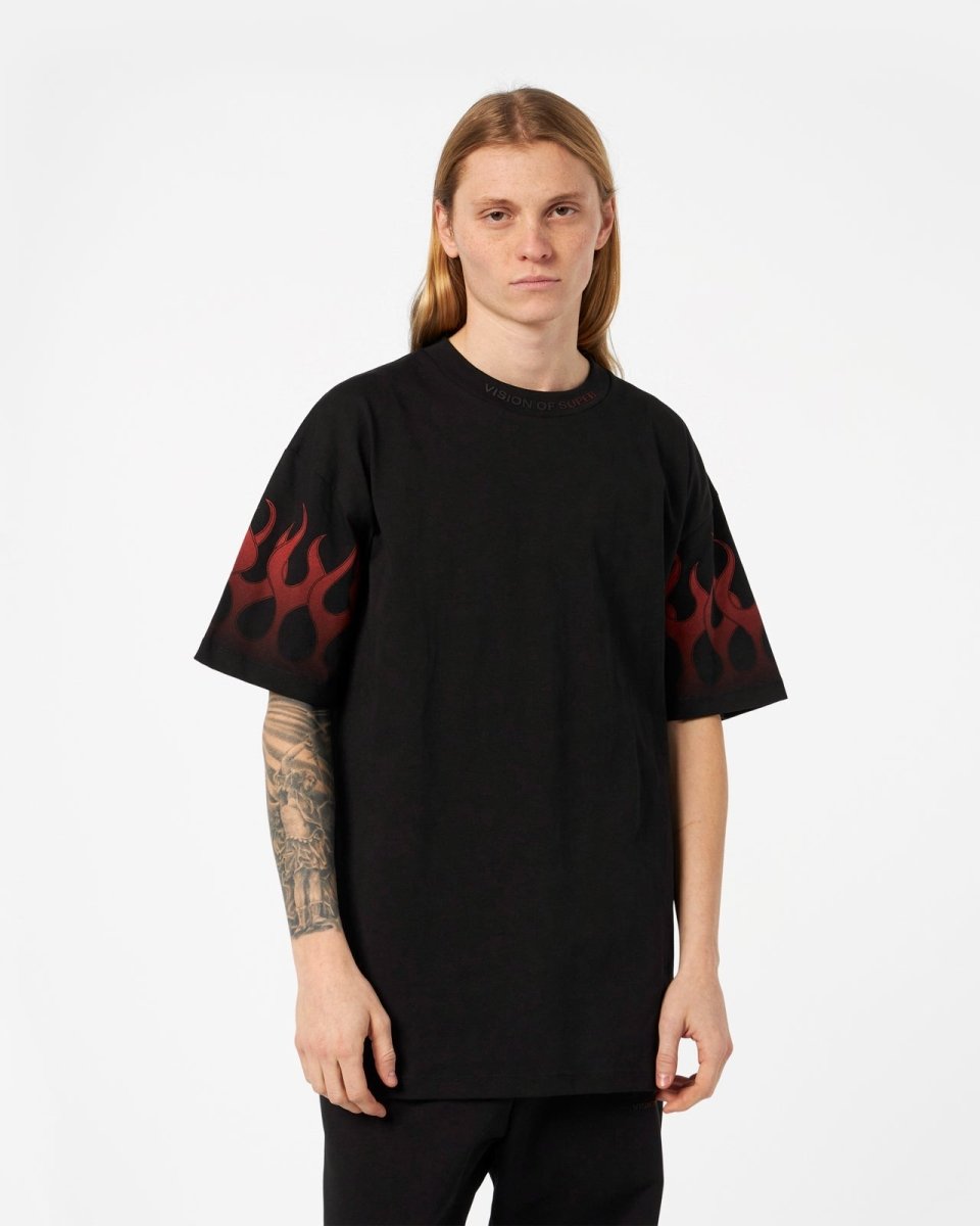 Vision Of Super BLACK T-SHIRT WITH RED FLAMES In Vendita