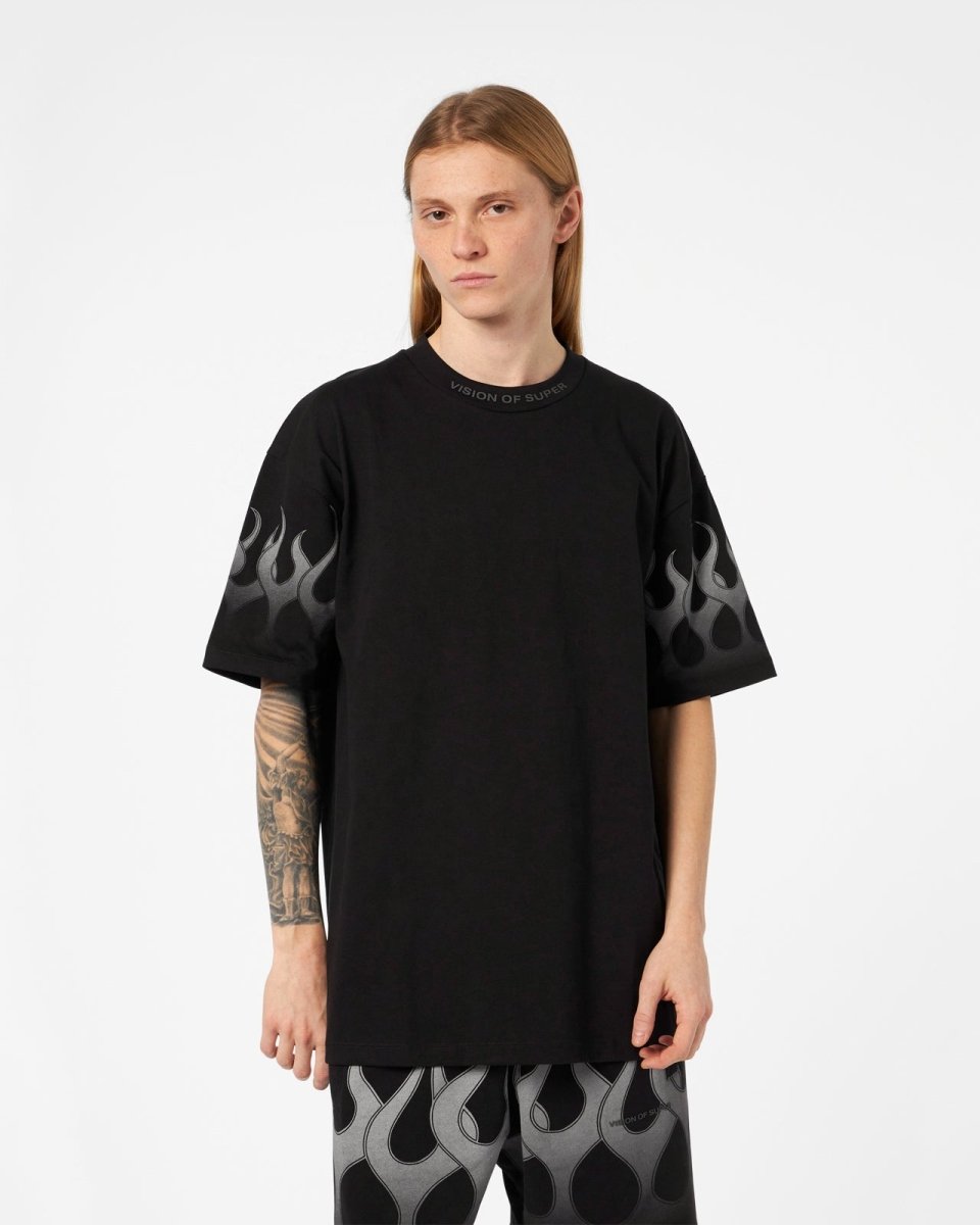 Vision Of Super BLACK T-SHIRT WITH GREY FLAMES Saldi