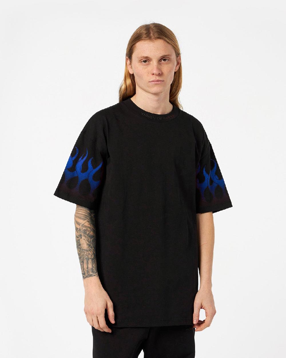Vision Of Super BLACK T-SHIRT WITH BLUE FLAMES Offerte