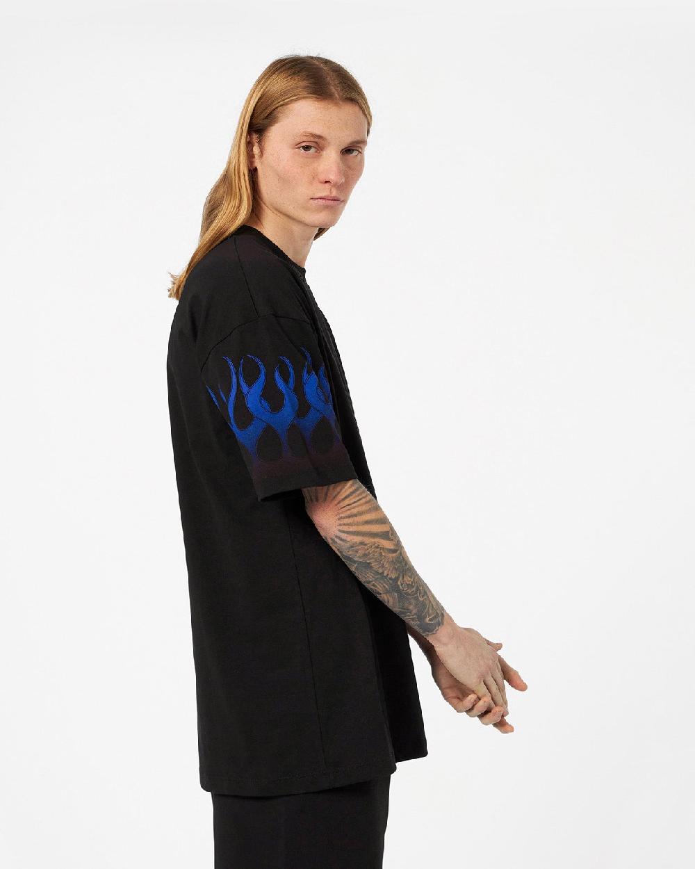 Vision Of Super BLACK T-SHIRT WITH BLUE FLAMES Offerte