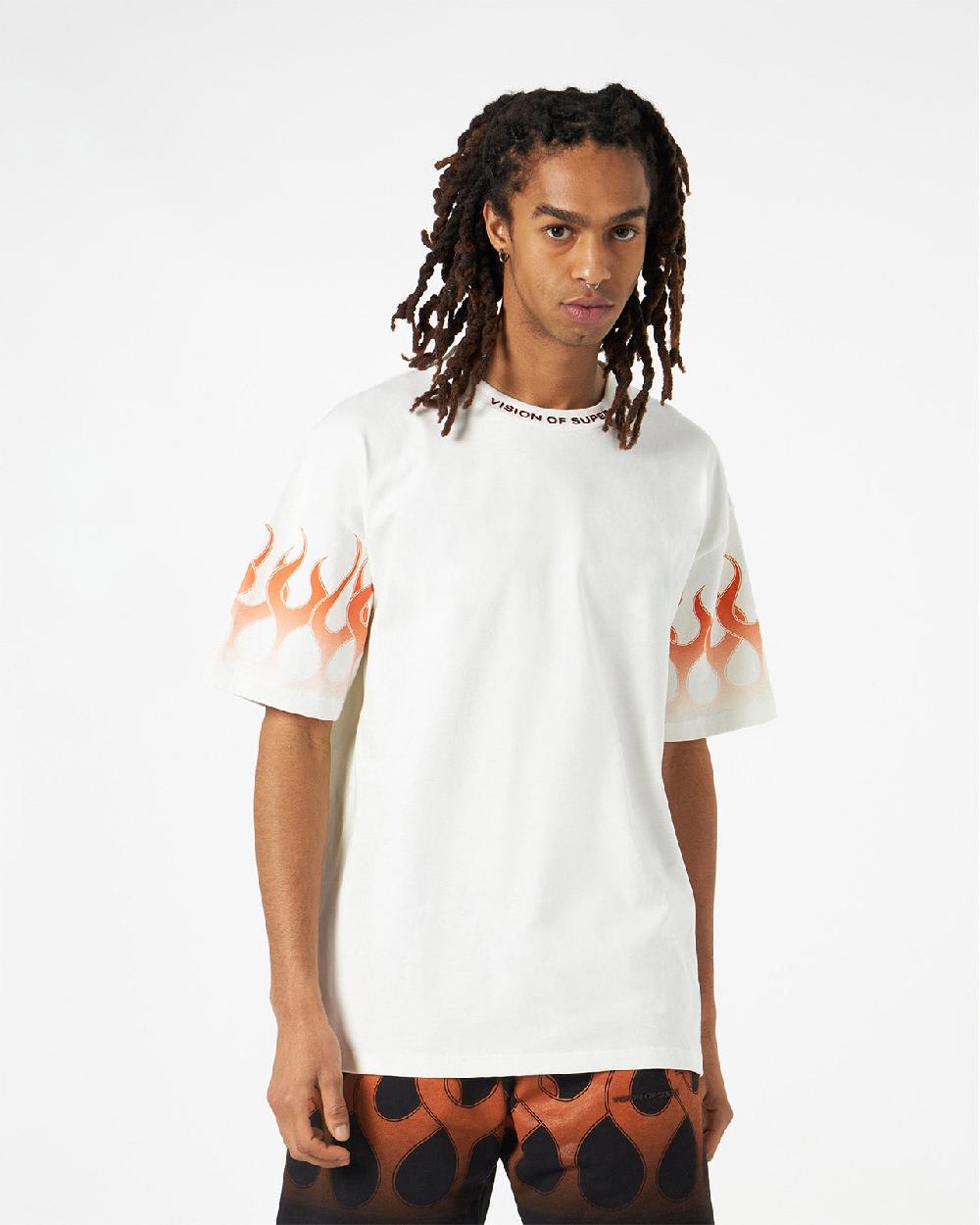 Vision Of Super WHITE T-SHIRT WITH ORANGE FLAMES Offerta migliore