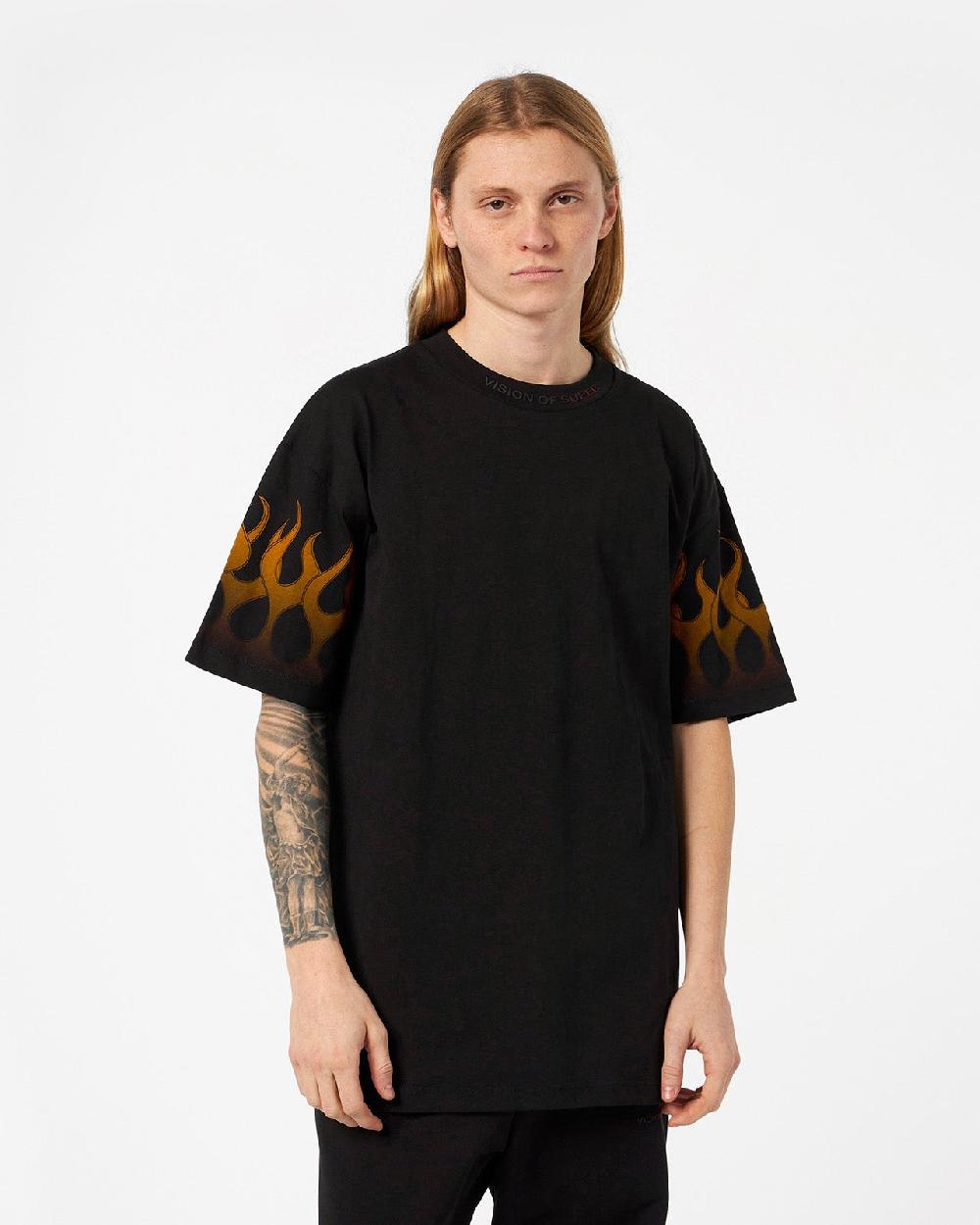 Vision Of Super BLACK T-SHIRT WITH ORANGE FLAMES Vendita Economica