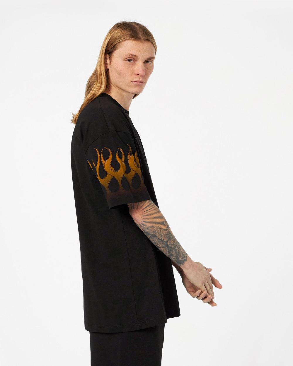 Vision Of Super BLACK T-SHIRT WITH ORANGE FLAMES Vendita Economica