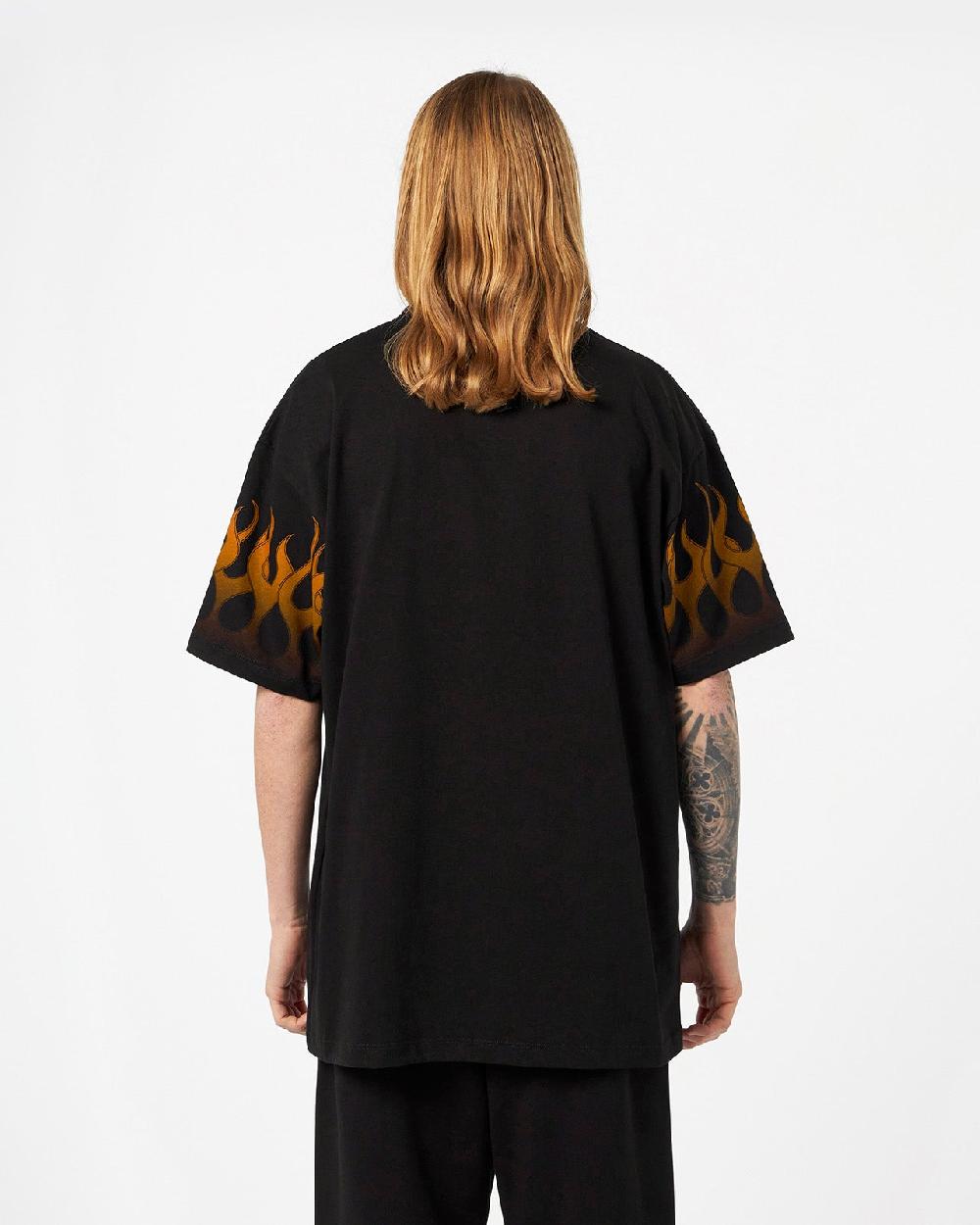 Vision Of Super BLACK T-SHIRT WITH ORANGE FLAMES Vendita Economica