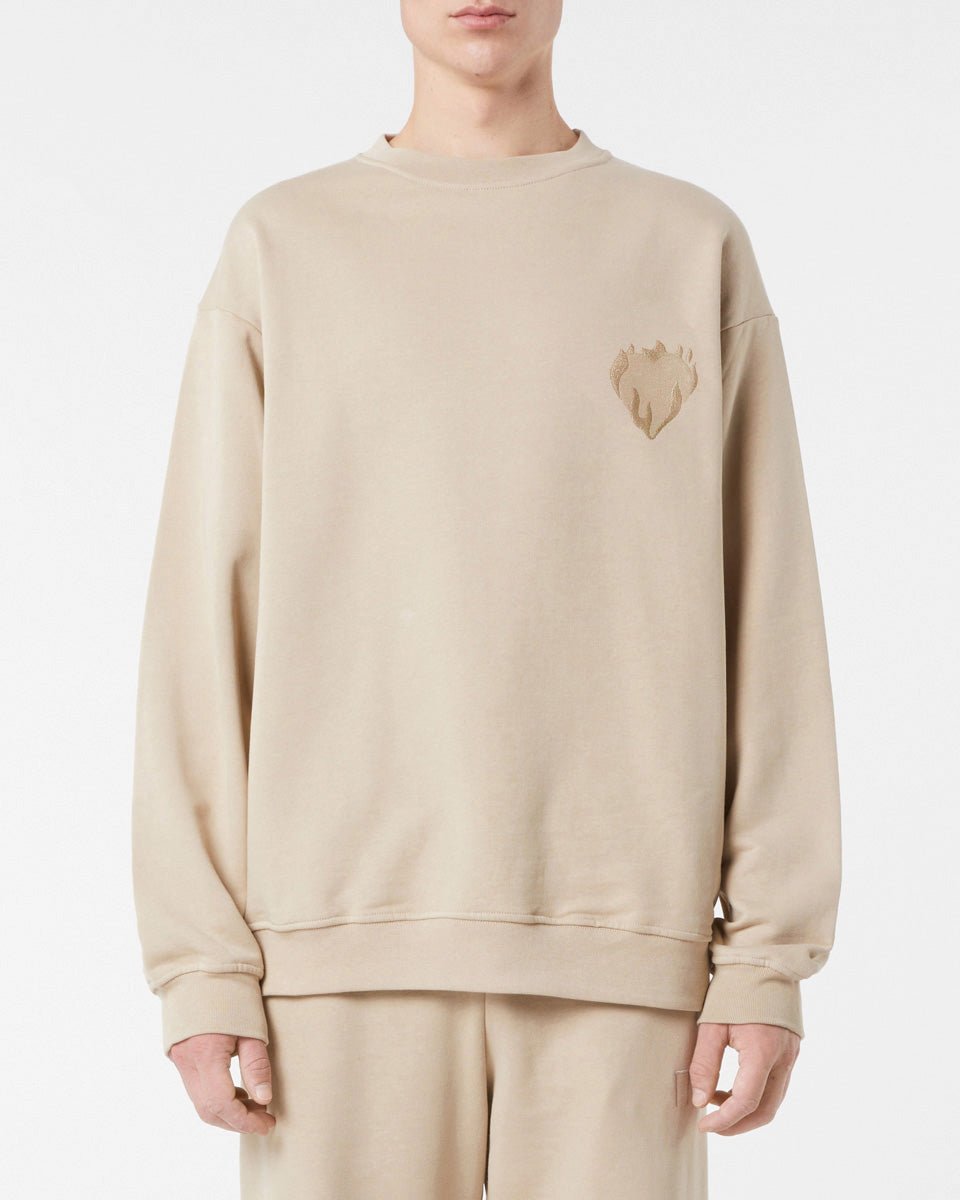 Vision Of Super LIGHT BROWN CREWNECK WITH EMBROIDERED FLAMING HEART In Linea