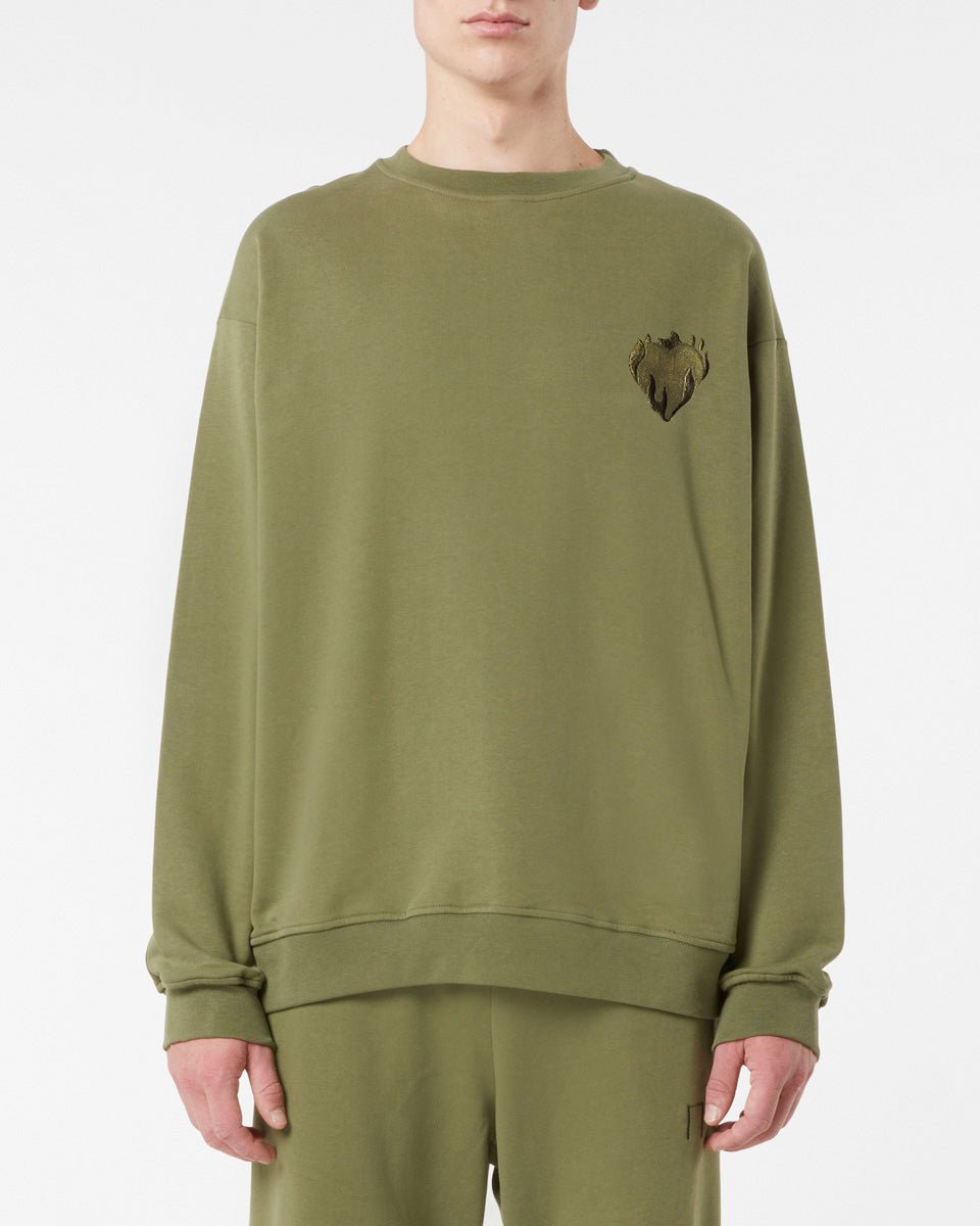 Vision Of Super GREEN CREWNECK WITH EMBROIDERED FLAMING HEART Vendita