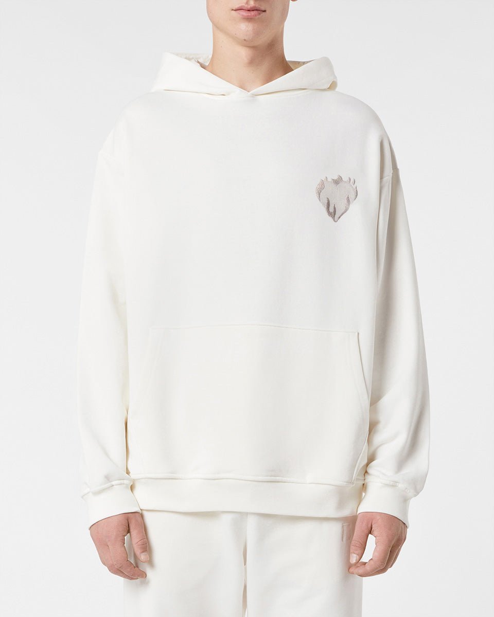 Vision Of Super OFF WHITE HOODIE WITH EMBROIDERED FLAMING HEART In Vendita