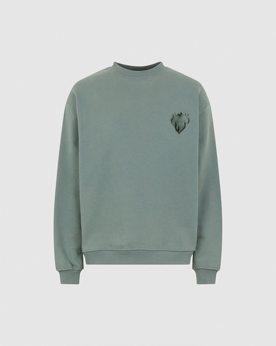 Vision Of Super BALSAM GREEN CREWNECK WITH EMBROIDERED FLAMING HEART Moda