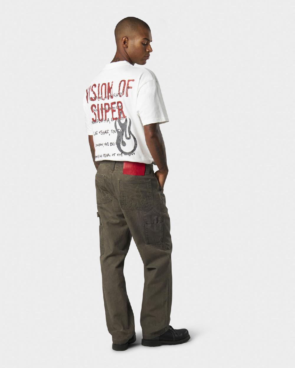 Vision Of Super MILITARY GREEN WASHED DENIM WITH EMBROIDERED FLAMES ON POCKET AND RED LABEL Consegna Veloce