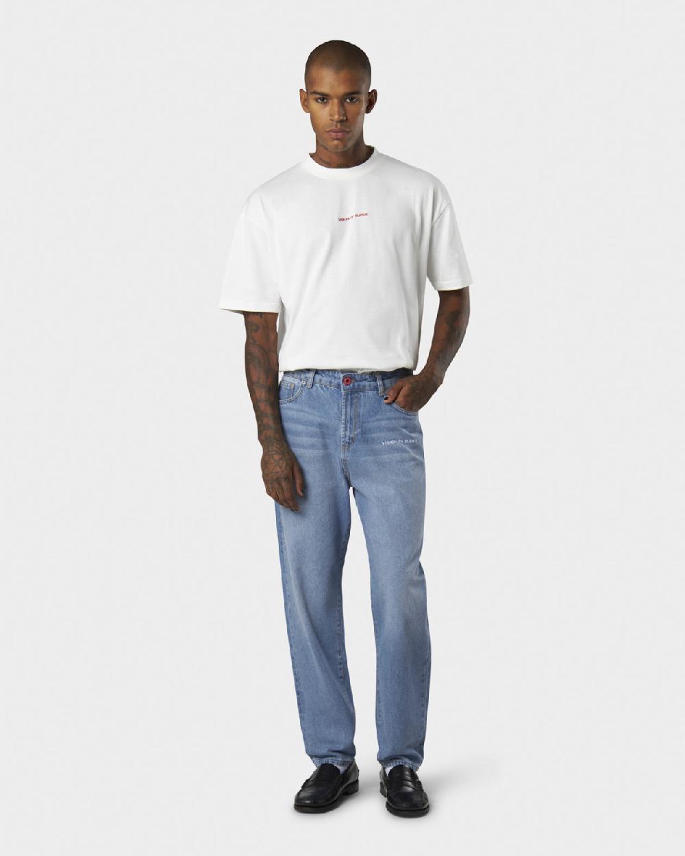 Vision Of Super BLUE JEANS WITH WHITE EMBROIDERED LOGO ON FRONT Fino Al -60%