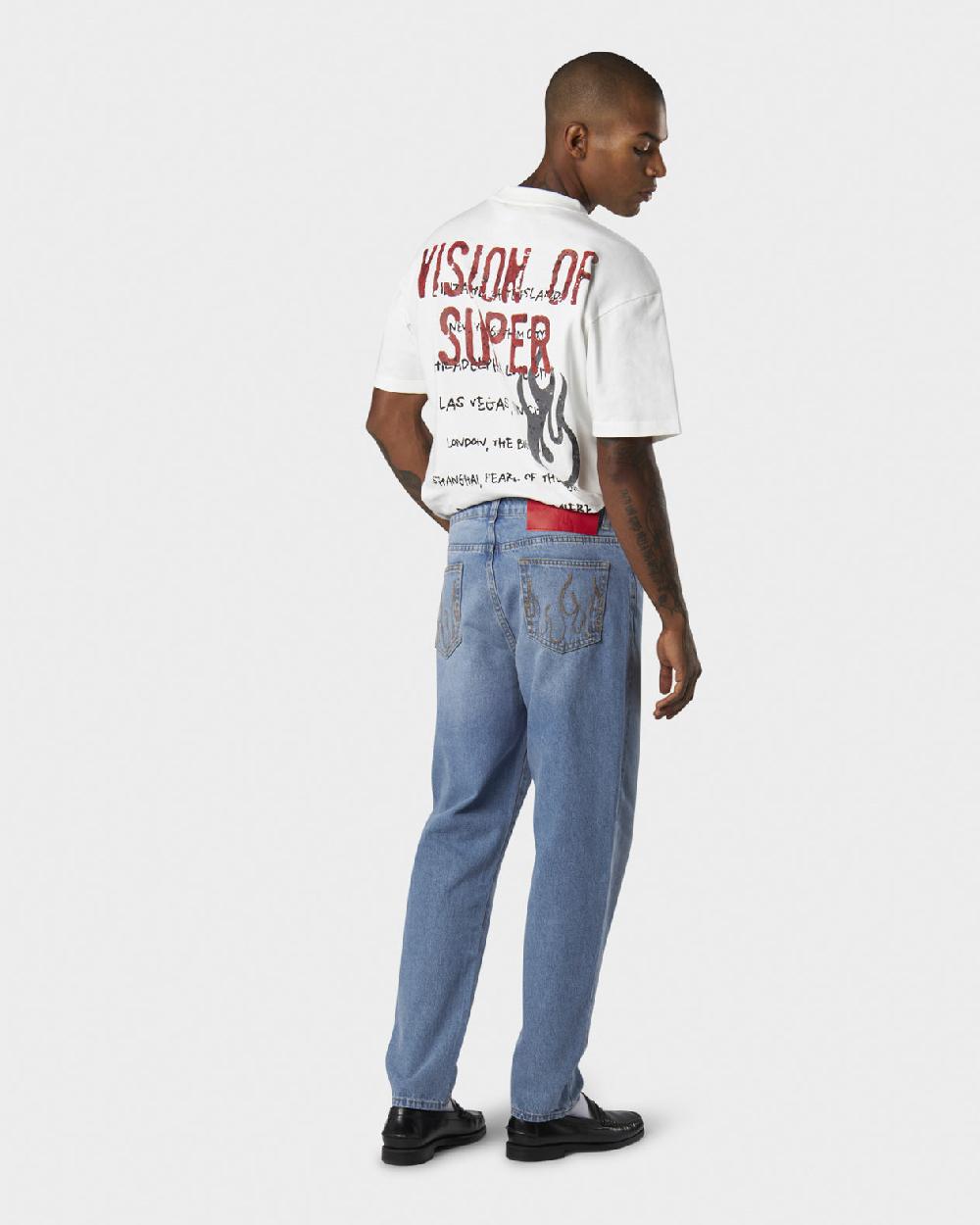 Vision Of Super BLUE JEANS WITH WHITE EMBROIDERED LOGO ON FRONT Fino Al -60%