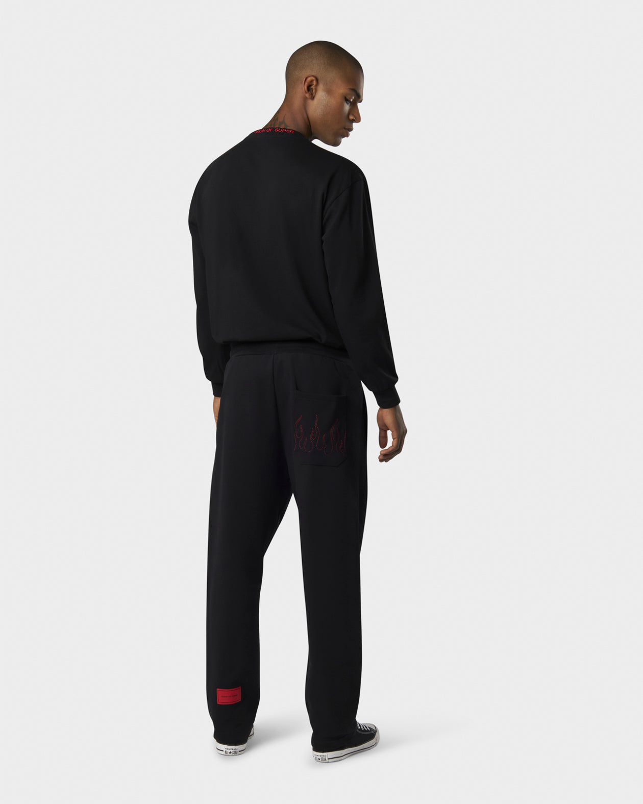 Vision Of Super BLACK SWEATPANTS WITH WHITE COULISSE EMBROIDERED FLAMES ON POCKET AND RED LABEL ON BACK LEFT LEG Shopping Online