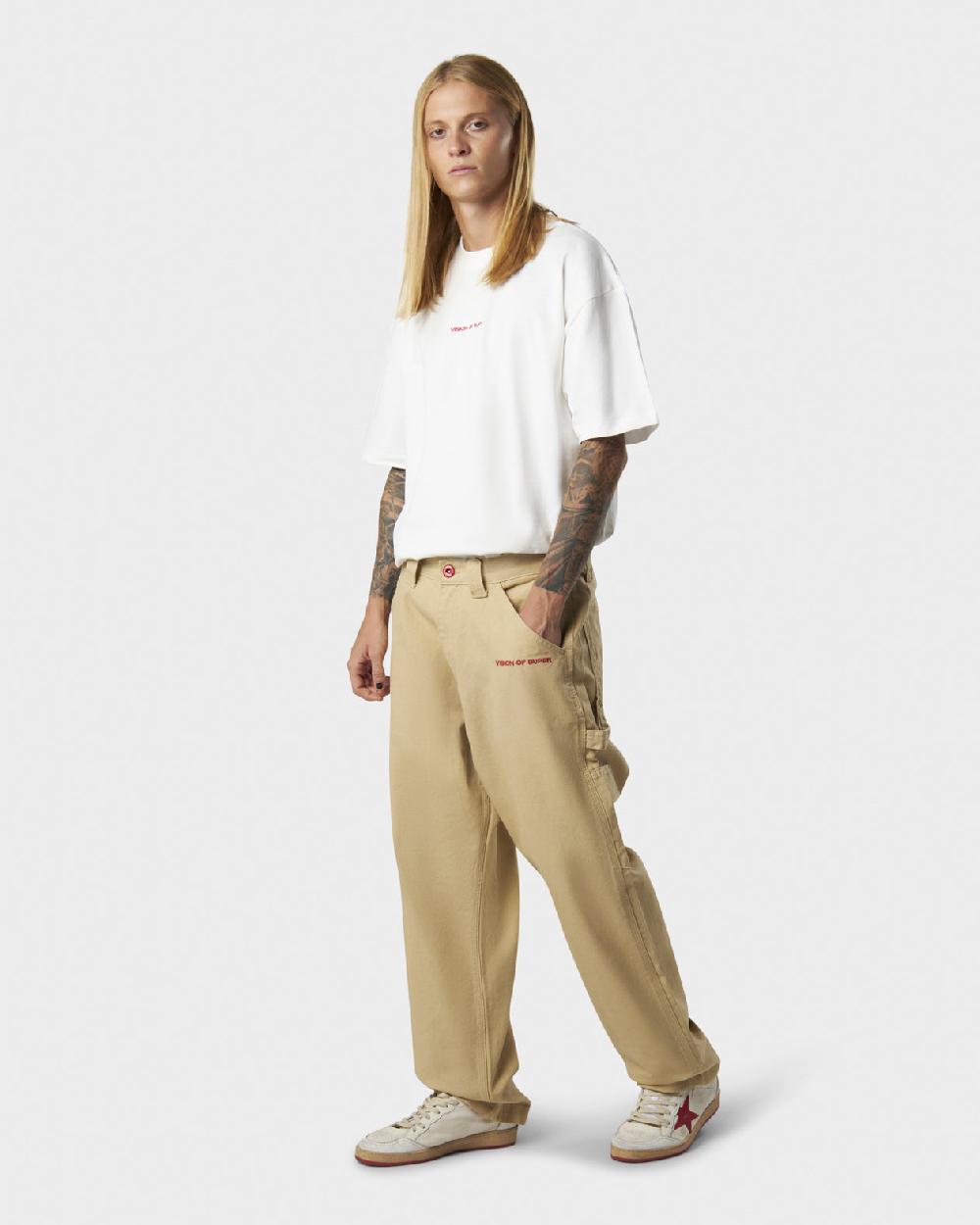 Vision Of Super BEIGE WORKER DENIM WITH EMBROIDERED FLAMES ON POCKETS AND RED NEW BIG LABEL Affare Del Giorno
