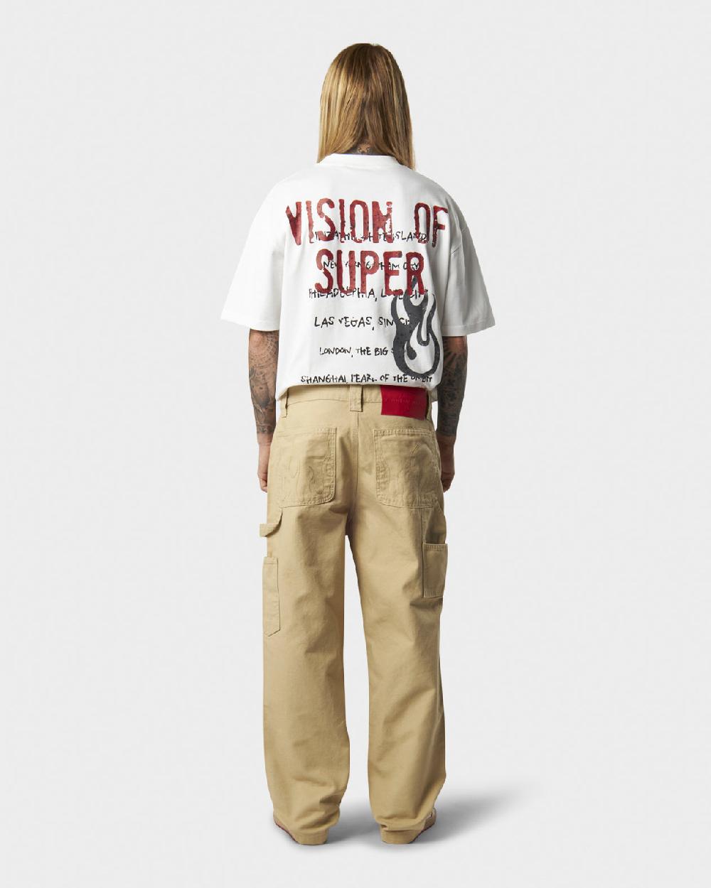 Vision Of Super BEIGE WORKER DENIM WITH EMBROIDERED FLAMES ON POCKETS AND RED NEW BIG LABEL Affare Del Giorno