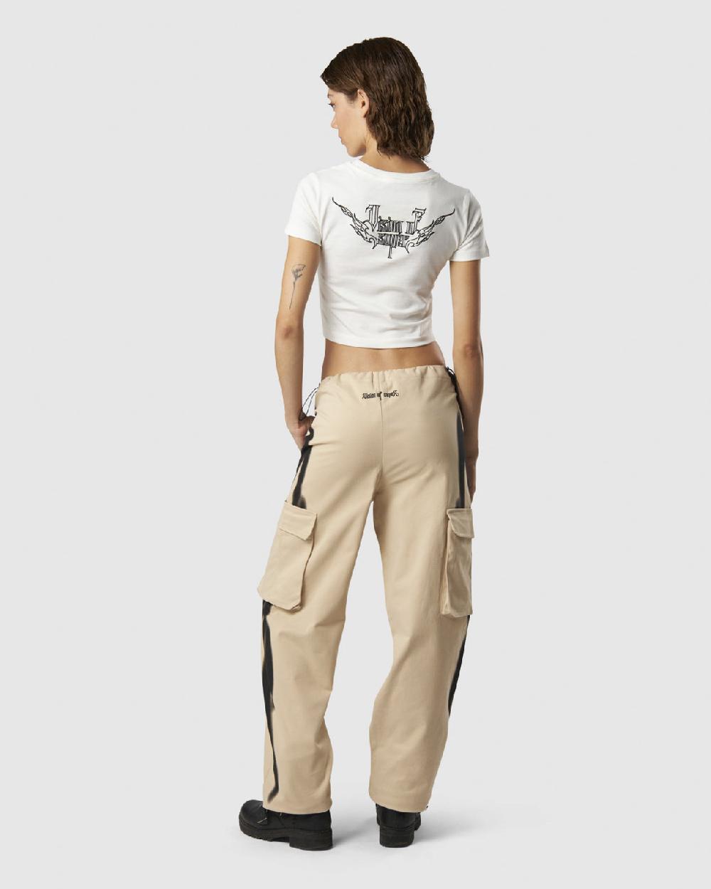 Vision Of Super LIGHT SAND CARGO PANTS WITH EMBROIDERED TRIBAL LOGO ON BACK AND PRINTED TRIBAL FLAMES ON SIDES Prezzo Ridotto