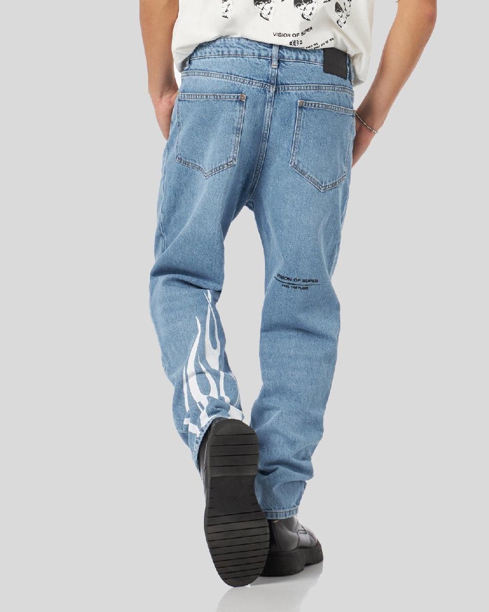 Vision Of Super BLUE DENIM JEANS WITH PRINTED FLAMES AND LOGO Presa