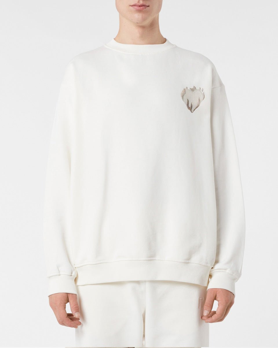 Vision Of Super OFF WHITE CREWNECK WITH EMBROIDERED FLAMING HEART Offerte