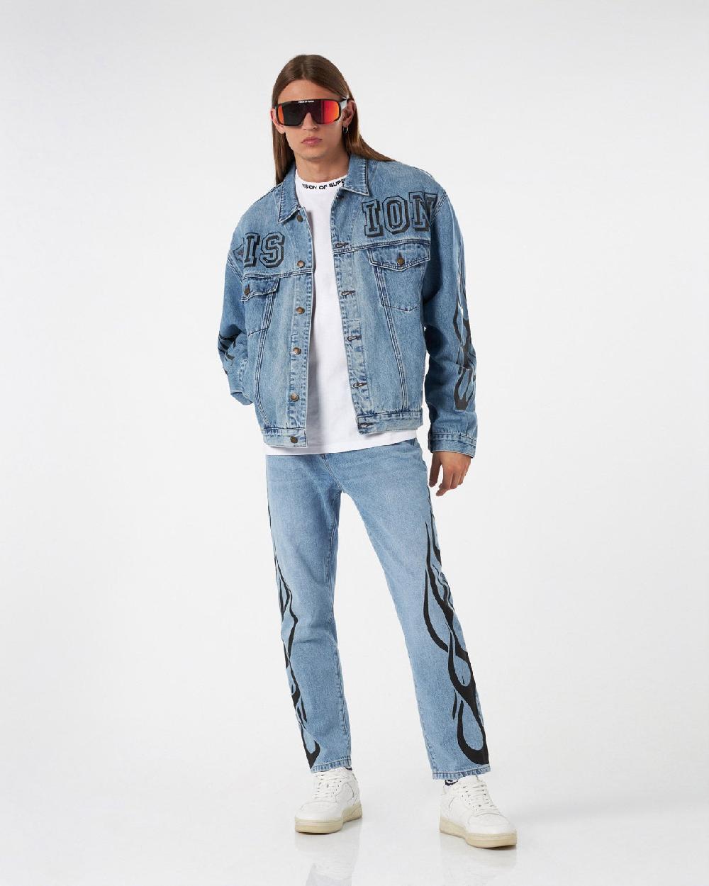 Vision Of Super BLUE DENIM JACKET WITH BLACK TRIBAL FLAMES In Saldo