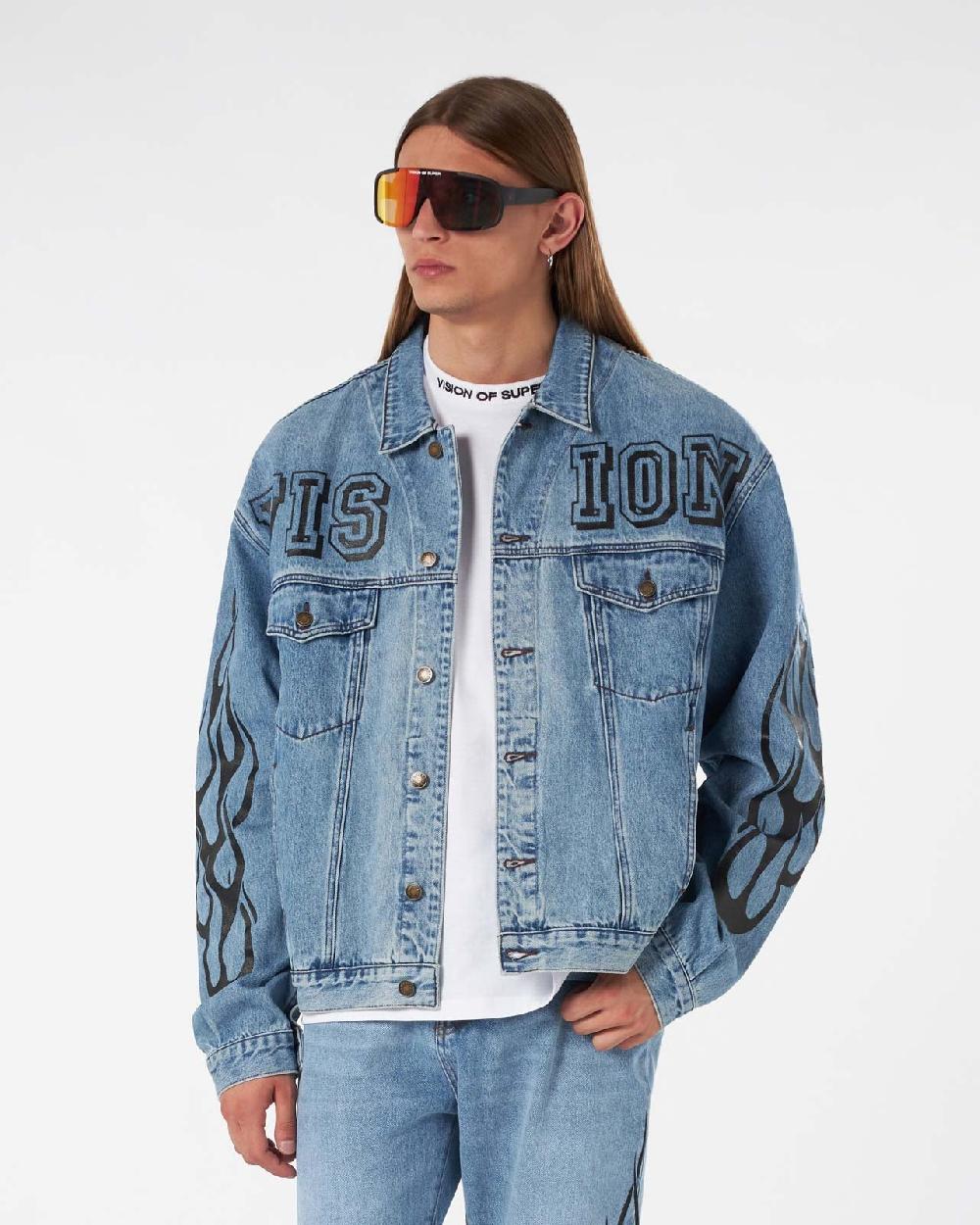 Vision Of Super BLUE DENIM JACKET WITH BLACK TRIBAL FLAMES In Saldo